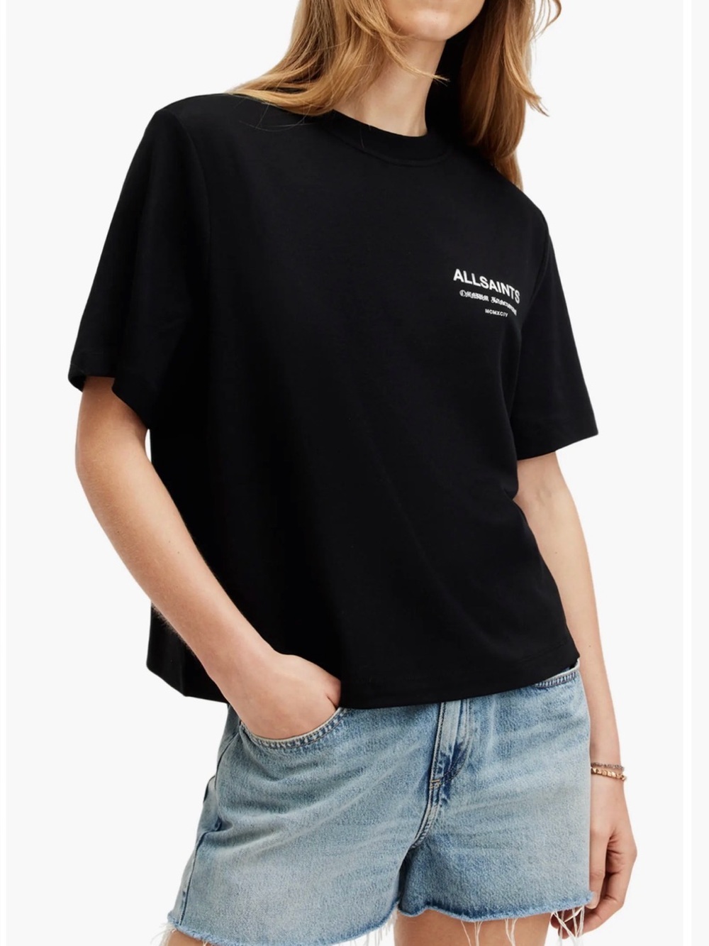 AllSaints Black and White Omnium Lisa Cotton Graphic T-Shirt - Picture 3 of 4
